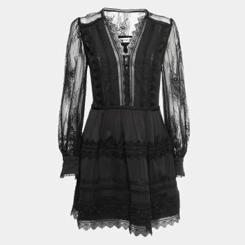 Pre Owned Self-Portrait Black Silk Lace Trimmed Long Sleeve Mini Dress S