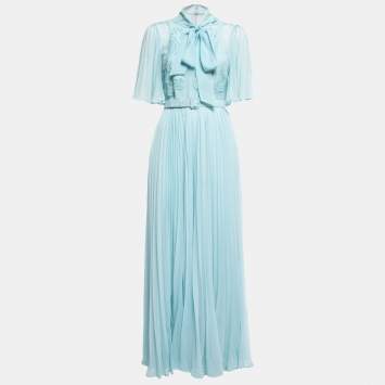 Pre Owned Self-Portrait Light Blue Chiffon Lace Trimmed Bow Detail Belted Maxi Dress S
