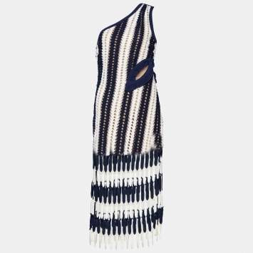 Pre Owned Self-Portrait Navy Blue & White Crochet Knit One Shoulder Cut Out Detail Midi Dress M