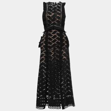 Pre Owned Self-Portrait Black Suede & Lace Cutwork Slit Midi Dress S