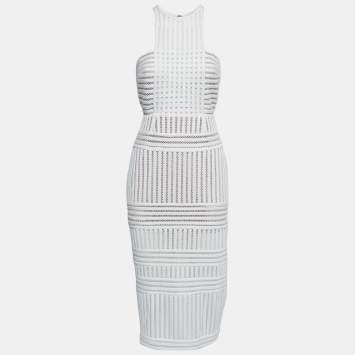 Pre Owned Self-Portrait White Striped Mesh Column Midi Dress M