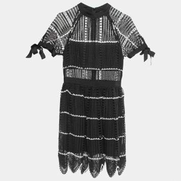 Pre Owned Self-Portrait Black Crochet Overlay Short Sleeve Mini Dress S