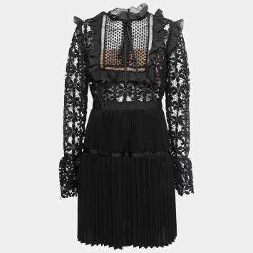 Pre Owned Self-Portrait Black Guipure Lace & Organza Trim Pleated Adeline Dress M