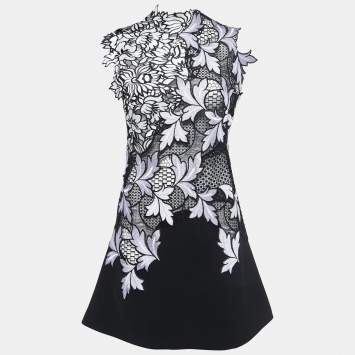Pre Owned Self-Portrait Black Floral Guipure Lace & Crepe Sleeveless Dress M