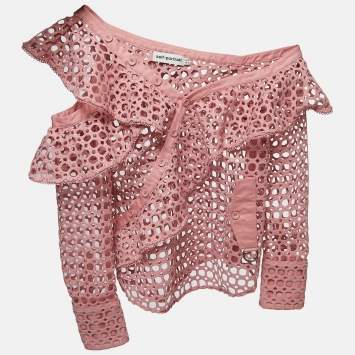 Pre Owned Self-Portrait Pink Guipure Lace One Shoulder Ruffled Top M