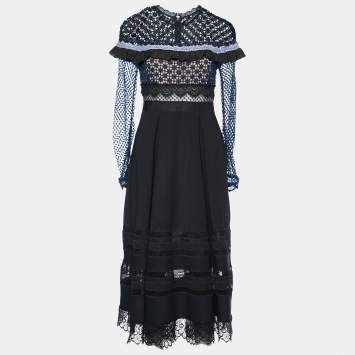 Pre Owned Self-Portrait Black Crepe & Lace Trim Midi Dress M