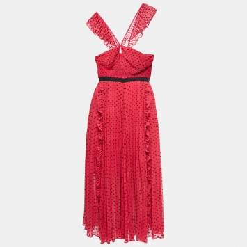 Pre Owned Self-Portrait Pink Dotted Chiffon Ruffled Sleeveless Midi Dress M