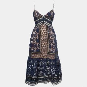 Pre Owned Self-Portrait Navy Blue Floral Lace Strappy Midi Dress S