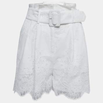 Pre Owned Self-Portrait White Cotton Blend Lace Belted Paperbag Shorts S
