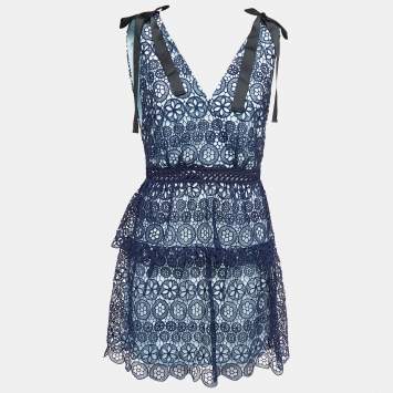 Pre Owned Self-Portrait Blue Lace V-Neck Sleeveless Mini Dress M
