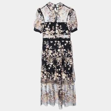 Pre Owned Self-Portrait Black Embellished Tulle Tiered Midi Dress M