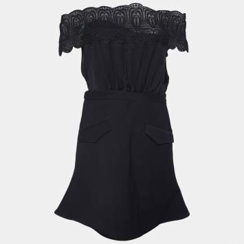 Pre Owned Self-Portrait Black Crepe & Lace Off Shoulder Mini Dress M