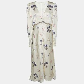 Pre Owned Self-Portrait Cream Floral Printed Silk Satin Midi Dress M
