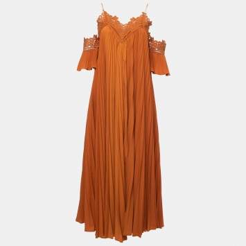 Pre Owned Self-Portrait Orange Pleated Crepe Lace Trimmed Midi Dress S