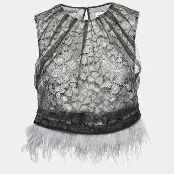 Pre Owned Self-Portrait Black Lace Tulle Overlay Feather Trim Top S