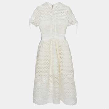 Pre Owned Self-Portrait White Guipure Lace Paneled Midi Dress M
