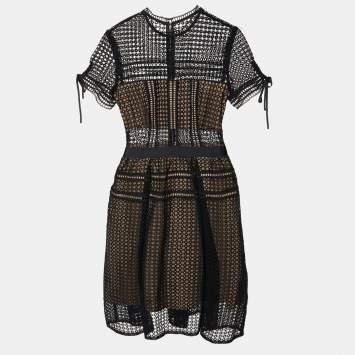 Pre Owned Self-Portrait Black Eyelet Lace Pleated Aurelia Dress M