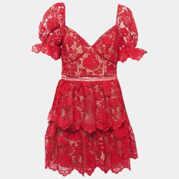 Pre Owned Self-Portrait Red Floral Lace Mini Dress L