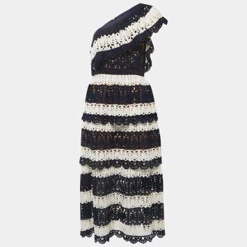 Pre Owned Self-Portrait Navy Blue/White Knit Tiered One Shouldered Midi Dress M