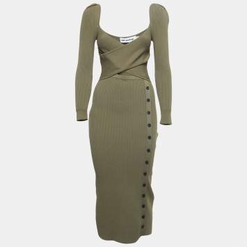 Pre Owned Self-Portrait Green Ribbed Knit Cutout Midi Dress M