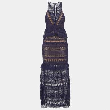 Pre Owned Self-Portrait Blue Tear Drop Guipure Lace Maxi Dress S
