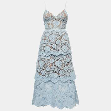 Pre Owned Self-Portrait Light Blue Floral Guipure Lace Strappy Midi Dress S