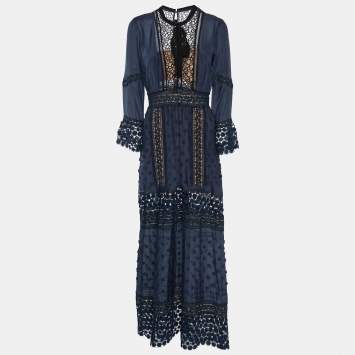 Pre Owned Self-Portrait Navy Blue Cotton & Lace Maxi Dress M