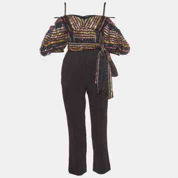 Pre Owned Self-Portrait Black Crepe and Mesh Sequin Stripe Detail Jumpsuit M