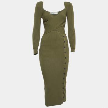 Pre Owned Self-Portrait Green Rib Knit Cutout Midi Dress XS