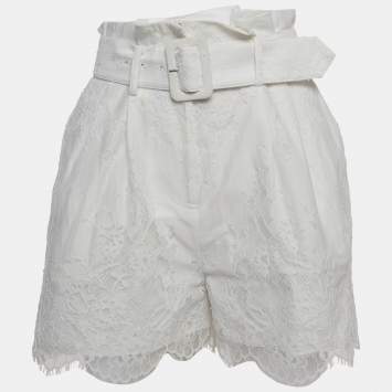 Pre Owned Self-Portrait White Embroidered Cotton Belted Shorts S