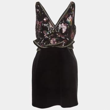 مملوكة مسبقًا Self-Portrait Black Sequin-Embellished Velvet Mini Dress M
