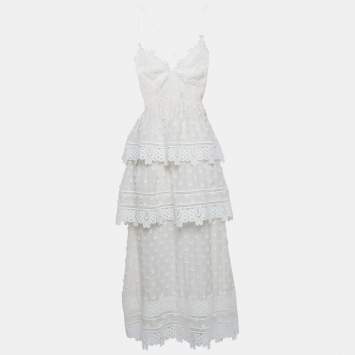 Pre Owned Self-Portrait White Ivy Lace Trim Cotton Shoulder Strap Tiered Maxi Dress M