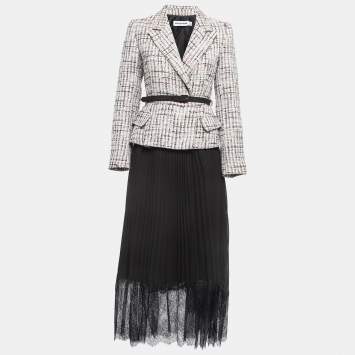 Pre Owned Self-Portrait Pink/Black Lace Trim Tweed Blazer Style Belted Midi Dress S