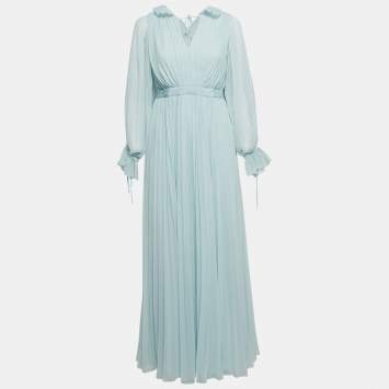 Pre Owned Self-Portrait Light Blue Pleated Chiffon Ruffled Maxi Dress M