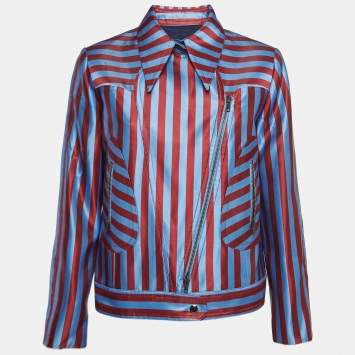 Pre Owned Self-Portrait Blue/Red Candy Stripe Satin Zipper Jacket S