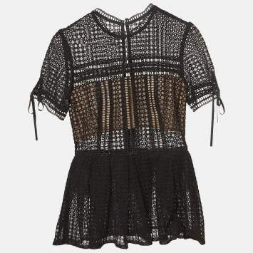 Pre Owned Self-Portrait Black Cotton Blend Peplum Blouse S