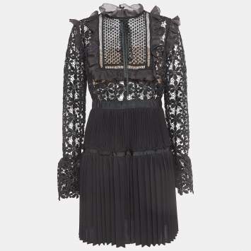 Pre Owned Self-Portrait Black Guipure Lace & Organza Trim Pleated Adeline Dress M
