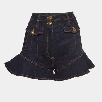Pre Owned Self-Portrait Dark Blue Denim High Waist Flounced Shorts S