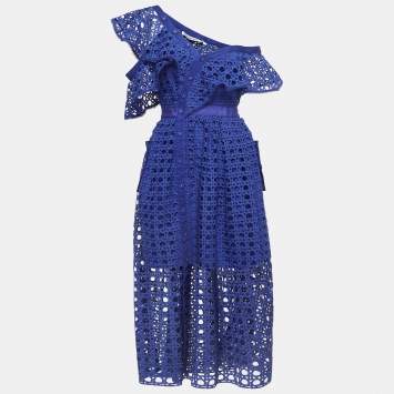 Pre Owned Self-Portrait Blue Guipure Lace One Shoulder Frill Midi Dress S