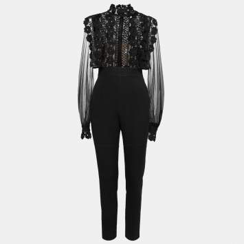 Pre Owned Self-Portrait Black Lace and Crepe Semi Sheer Jumpsuit M