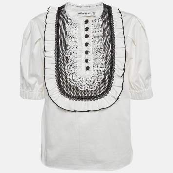 Pre Owned Self-Portrait White Cotton Lace Bib Top M