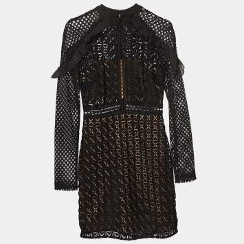 Pre Owned Self-Portrait Black Geometric Pattern Lace Ruffled Mini Dress S