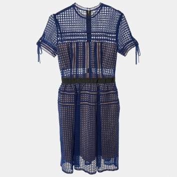Pre Owned Self-Portrait Royal Blue Lace & Tulle Knee Length Dress S