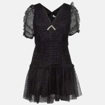 Pre Owned Self-Portrait Black Flocked Tulle Crystal Embellished Tiered Mini Dress M