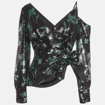 Pre Owned Self-Portrait Black Leaf Sequined Asymmetrical Top M