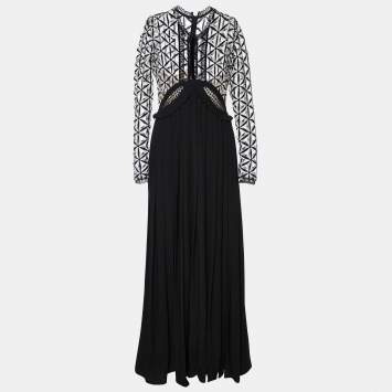 Pre Owned Self-Portrait Black Guipure Lace & Crepe Pleated Long Dress S