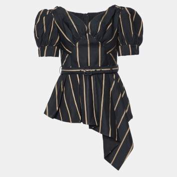 Pre Owned Self-Portrait Black Striped Faille Belted Off-The Shoulder Top M