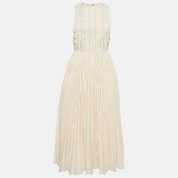Pre Owned Self-Portrait Cream Crepe Scallop Sleeveless Midi Dress S