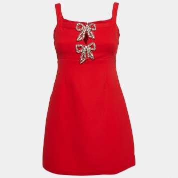 Pre Owned Self-Portrait Red Crystal Bow Crepe Mini Dress S