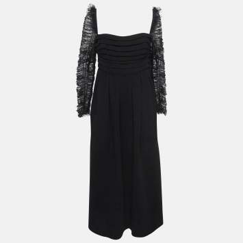Pre Owned Self-Portrait Black Dots Mesh Sleeved Crepe Midi Dress L